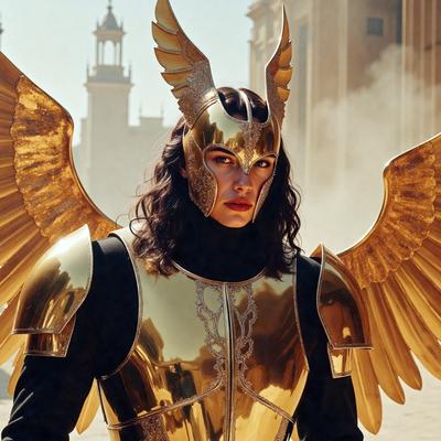The primary subject of the image is a woman wearing a gold and black costume, which includes a helmet and a cape. She is standing in front of a building, possibly a castle, with a dusty background. The visual style of the image is a combination of photo and digital art, creating a unique and intriguing scene. The colors in the image are predominantly gold and black, giving the costume a luxurious and dramatic appearance. The overall atmosphere of the image is one of fantasy and adventure.